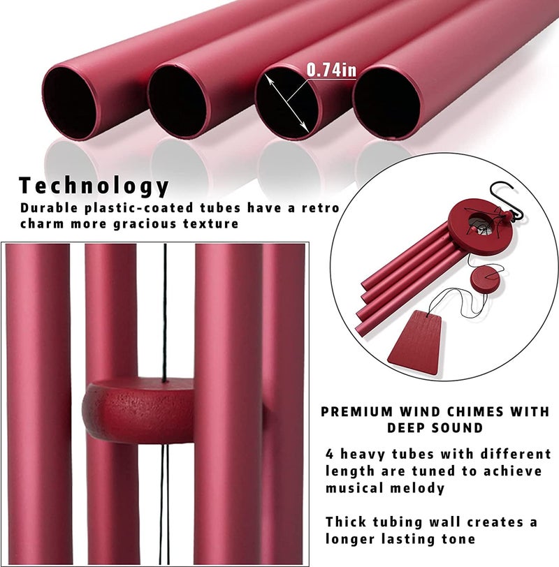 Buko Natural Melodious Aureole Tunes Wind Chimes for Home Outdoor with 4 Tubes 100 Rustproof Aluminum Powder Finish S Hook Hanger for Sympathy Zen Garden 24inch BUKO_Windchime_UNC24RD - Image 2