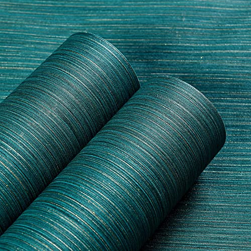 Haimin Grasscloth Wallpaper Textured 24in X 393in Fabric Contact Paper Teal Green Wall Paper Textured Linen Wallpaper Peel and Stick Self-Adhesive Teal Thick Vinyl Embossed Film (Green) - Image 3