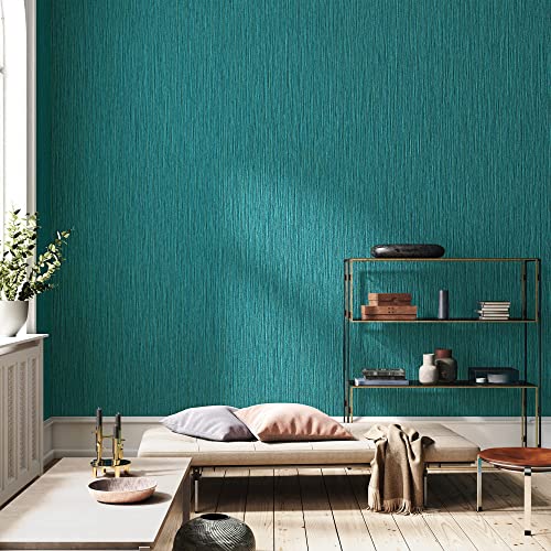 Haimin Grasscloth Wallpaper Textured 24in X 393in Fabric Contact Paper Teal Green Wall Paper Textured Linen Wallpaper Peel and Stick Self-Adhesive Teal Thick Vinyl Embossed Film (Green) - Image 2