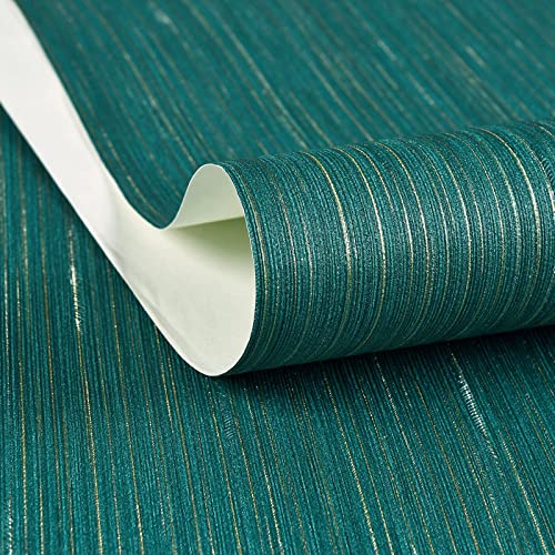 Haimin Grasscloth Wallpaper Textured 24in X 393in Fabric Contact Paper Teal Green Wall Paper Textured Linen Wallpaper Peel and Stick Self-Adhesive Teal Thick Vinyl Embossed Film (Green) - Image 1