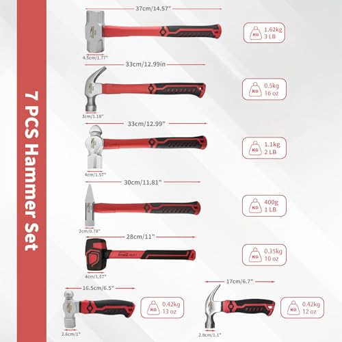 HOUSERAN 7-Pieces Hammer Set, 16 oz Claw Hammer, 12oz Claw Hammer, 13oz Ball Peen Hammer, 2 Lb Ball Peen Hammer, 3 Lb Sledge Hammer, Engineer Hammer, 10oz Rubber Mallet - Image 2