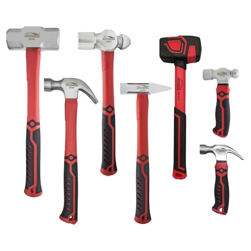 HOUSERAN 7-Pieces Hammer Set, 16 oz Claw Hammer, 12oz Claw Hammer, 13oz Ball Peen Hammer, 2 Lb Ball Peen Hammer, 3 Lb Sledge Hammer, Engineer Hammer, 10oz Rubber Mallet - Image 1