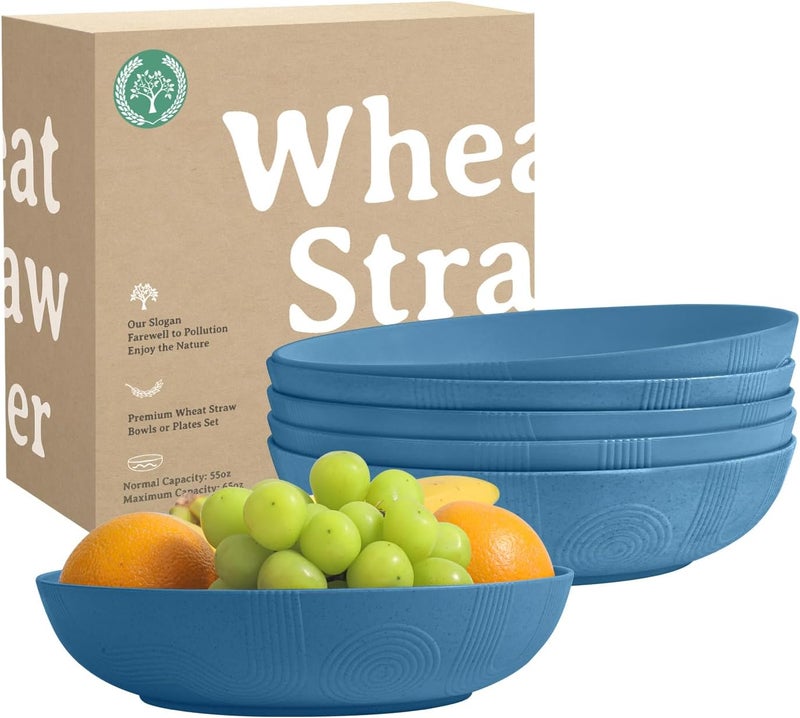 Homienly Large Wheat Straw Salad Bowls  Set of 6 65 OZ 10 Inch Microwave  Dishwasher Safe  Navy Blue - Image 1