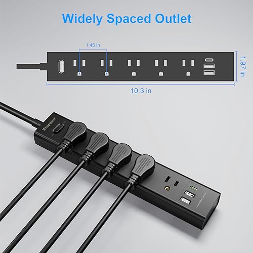 IECOPOWER Surge Protector Power Strip 15 ft Cord-5 Widely Spaced Outlets 3 USB Ports(1 USB C Port),Power Strip Long Cord(1250W/10A),Power Strips with Surge Protection, Wall Mount for Home Office,Black(2 Pack) - Image 5