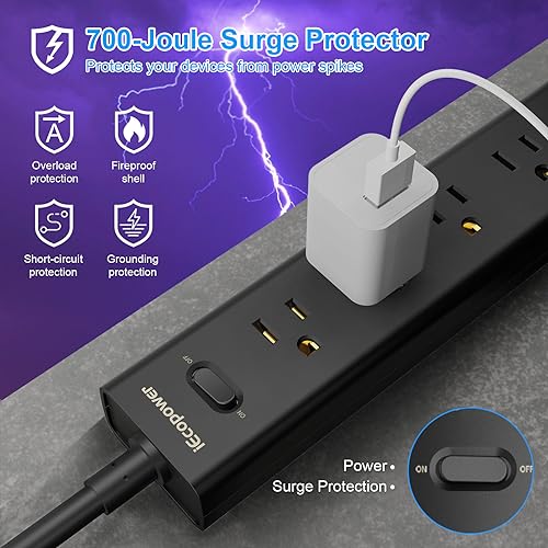IECOPOWER Surge Protector Power Strip 15 ft Cord-5 Widely Spaced Outlets 3 USB Ports(1 USB C Port),Power Strip Long Cord(1250W/10A),Power Strips with Surge Protection, Wall Mount for Home Office,Black(2 Pack) - Image 4