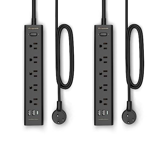 IECOPOWER Surge Protector Power Strip 15 ft Cord-5 Widely Spaced Outlets 3 USB Ports(1 USB C Port),Power Strip Long Cord(1250W/10A),Power Strips with Surge Protection, Wall Mount for Home Office,Black(2 Pack) - Image 1