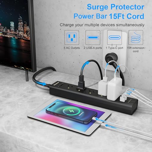 IECOPOWER Surge Protector Power Strip 15 ft Cord-5 Widely Spaced Outlets 3 USB Ports(1 USB C Port),Power Strip Long Cord(1250W/10A),Power Strips with Surge Protection, Wall Mount for Home Office,Black(2 Pack) - Image 2