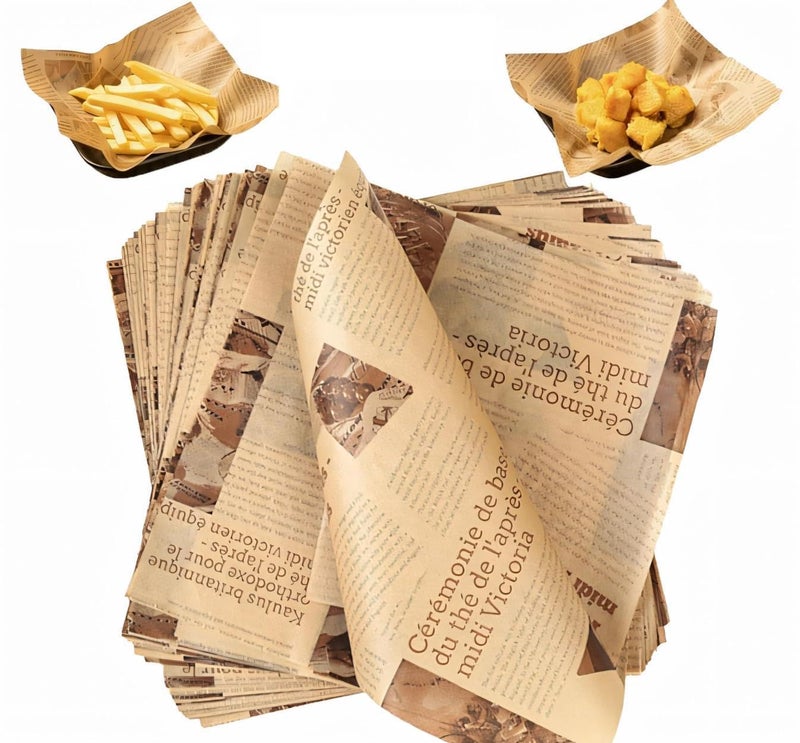 Parchment Paper 100 Count Non-Stick Greaseproof Parchment – Food Safe Parchment with Ready-Cut Newspaper Design – Perfect for Baking, Air Fryers, Burgers, Sandwiches