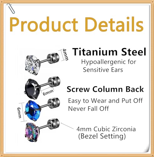 Hopply 4 Pairs Titanium Screw Back Surgical Stainless Steel Earrings for Women Men,Rainbow 5A Cubic Zirconia Studs Double Side Earrings Piercing Sleeper Jewelry 6mm - Image 2