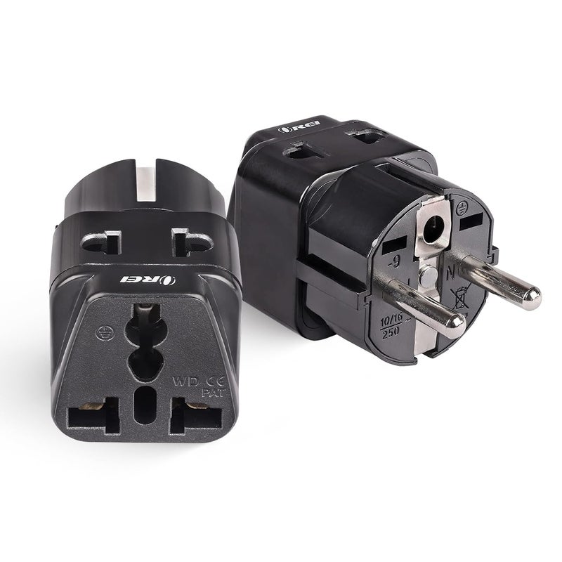 OREI India to Europe Schuko Plug Type EF Europe Plug Adapter 2 in 1 Universal Adapter for Europe Perfect for Laptop Camera Charger CE RoHS 2 Pack Black 5 Years Warranty - Image 1