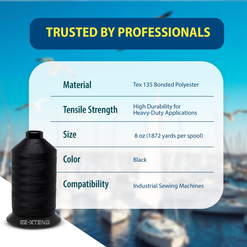 EZ-Xtend #138 Bonded Polyester Thread 100% American Made for Outdoor and Marine Fabric Sewing Applications, Awnings, Tarps, Canvas. for Heavy Duty and Industrial Sewing Machines (Black, 8 oz) - Image 3