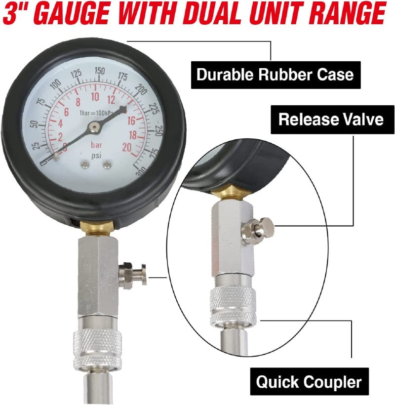 BIG RED طقم اختبار ضغط المحرك BIG RED Torin، 8 قطع، 0-300 Psi، جهاز اختبار ضغط الأسطوانة، أداة قياس الضغط للسيارات والشاحنات وATV وUTV، أحمر، ATRHS-A0031R - Image 4