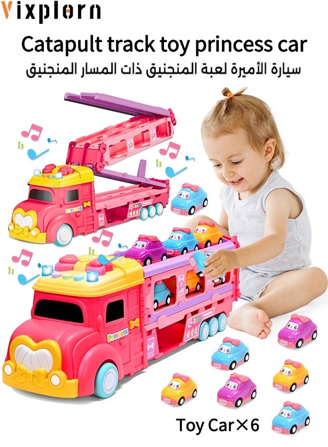 فيكسبلورن طقم مسار شاحنة نقل للأطفال الصغار، مسار قابل للطي ولعبة وضع السباق ثنائية اللاعبين، شاحنة نقل بالضوء والصوت بالدفع والسحب مع 6 سيارات أميرة، شاحنة الأميرة ذات المسار الضوئي الضوئي، لعبة ألغاز الأطفال التعليمية المبكرة التعليمية الموسيقية للسيارات، هدية للفتيات من سن 3 سنوات فأكثر - Image 1