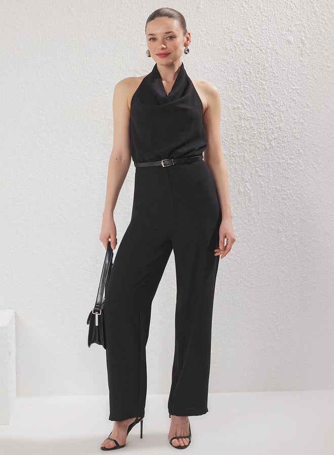 trendyol Black Belted Cowl Neck Wide Leg Jumpsuit - Image 1