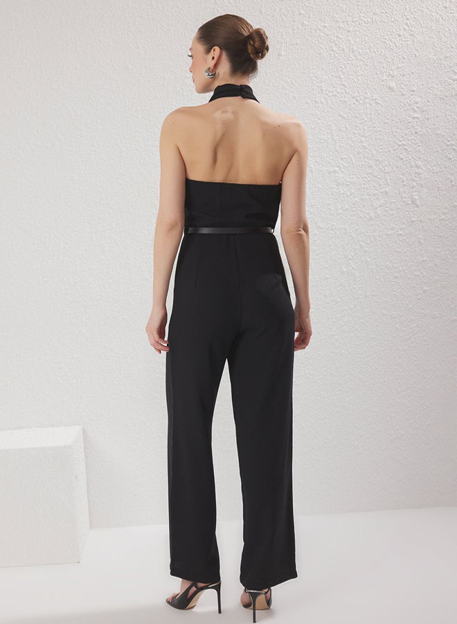trendyol Black Belted Cowl Neck Wide Leg Jumpsuit - Image 4