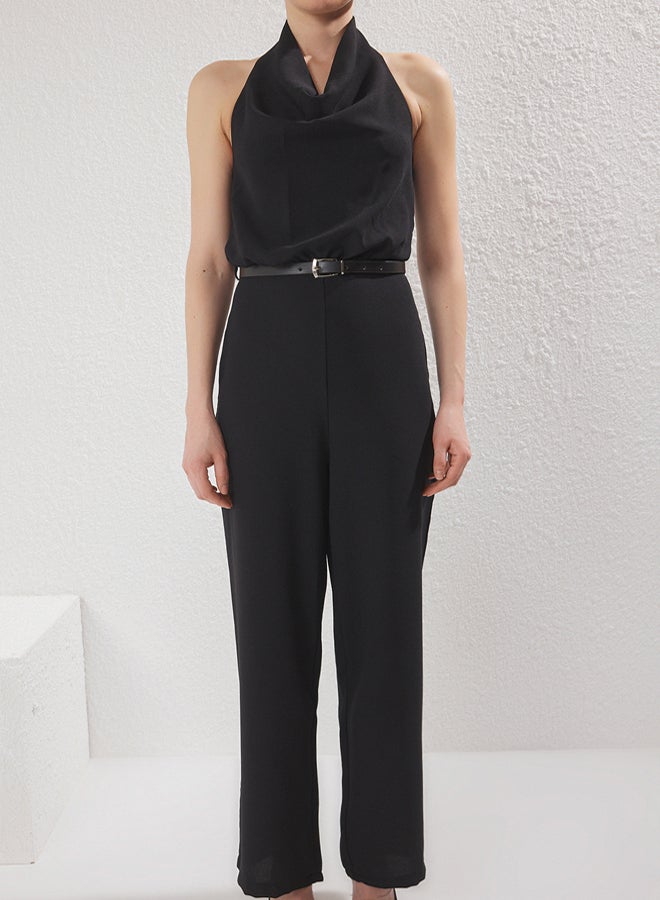 trendyol Black Belted Cowl Neck Wide Leg Jumpsuit - Image 3