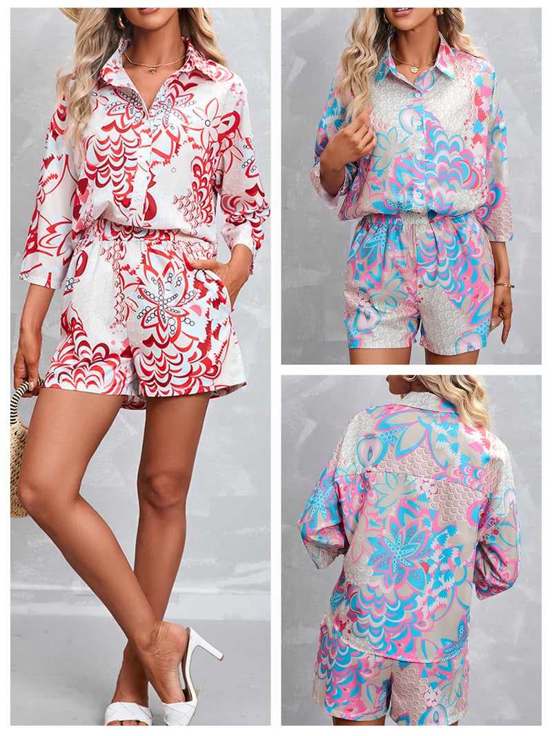 Women Shirt Shorts Set Long Sleeve Buttoned Casual Shirt and Shorts 2 Pieces - Image 3