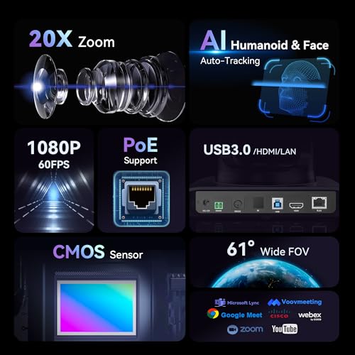 Tenveo HDMI/USB3.0/LAN(PoE) PTZ Camera AI Humanoid & Face Auto-Tracking, 20X Optical Zoom PTZ Camera IP Live Streaming, FHD 1080P 60FPS, for Church Services Worship Video Conference Live Streaming - Image 2
