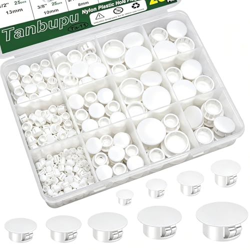 Tanbupu 200Pcs 9 Sizes Nylon Plastic Hole Plugs 1/5" 1/4" 5/16" 3/8" 1/2" 5/8" 3/4" 7/8" 1"Round Hole, Flush Type Panel Knockout Locking Plugs,Screw Covers for Furniture Cabinet Insert End Caps(white) - Image 1
