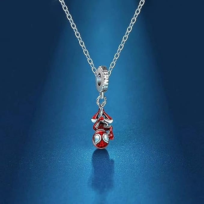 rayihni Man Cartoon Spider Charm Necklace Set, Red Spidey Necklace With Silver Plating, Non-Tarnished Cable Chain With Sliding Clasp For Adjustable Sizes. Gift For Men, Boys, Women & Girls, Brass, - Image 2