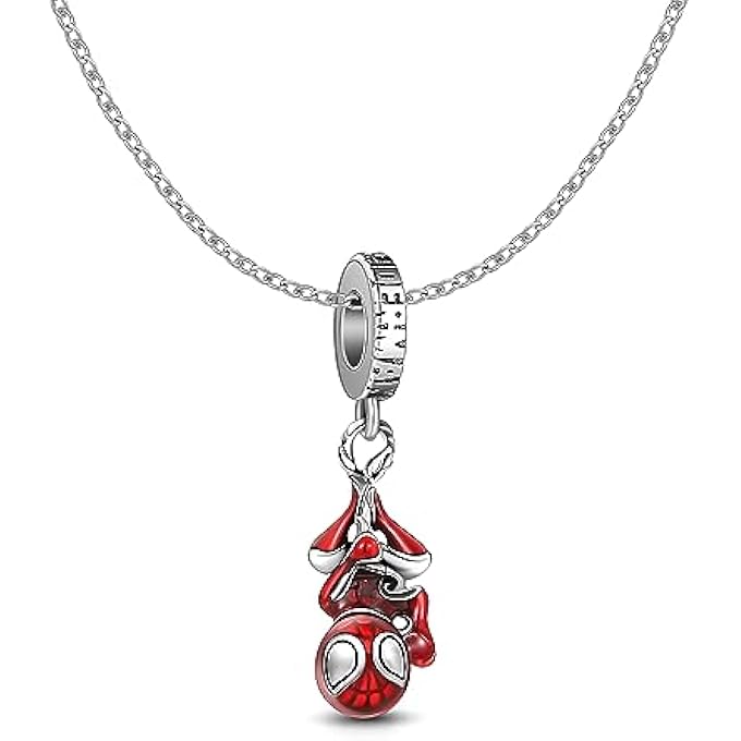 rayihni Man Cartoon Spider Charm Necklace Set, Red Spidey Necklace With Silver Plating, Non-Tarnished Cable Chain With Sliding Clasp For Adjustable Sizes. Gift For Men, Boys, Women & Girls, Brass, - Image 1