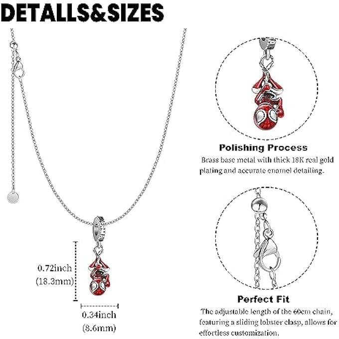 rayihni Man Cartoon Spider Charm Necklace Set, Red Spidey Necklace With Silver Plating, Non-Tarnished Cable Chain With Sliding Clasp For Adjustable Sizes. Gift For Men, Boys, Women & Girls, Brass, - Image 5