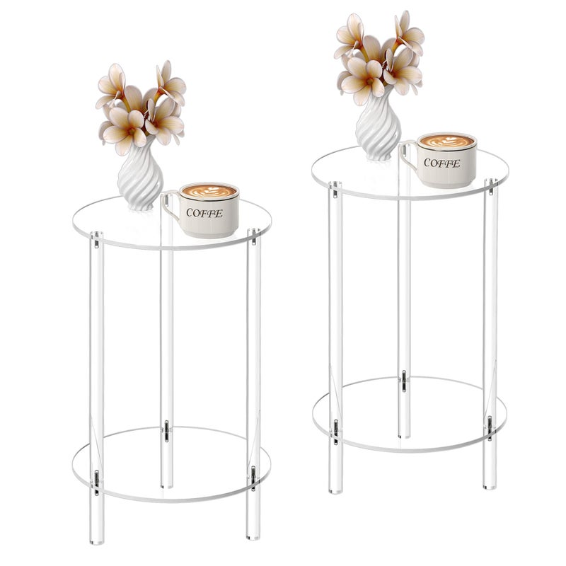 HMYHUM Acrylic Round Side Table Set of 2 118 L x 118 W x 202 H Clear Small End Table for Small Spaces 2Tier NightstandBedside Table for Living Room Bedroom Modern