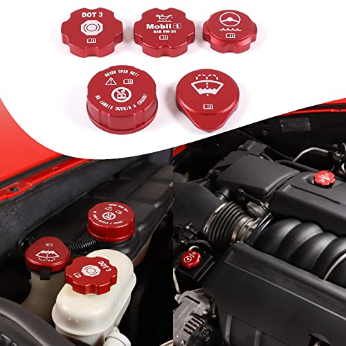 Lcojicep Engine Oil Cap Radiator Cap Washer Cap Brake Fluid Cap Cover Trim Compatible with Chevrolet Corvette C6 2005-2013,luminium Alloy Engine Cap Cover Set，Windshield filler cap 5PCS (red) - Image 1