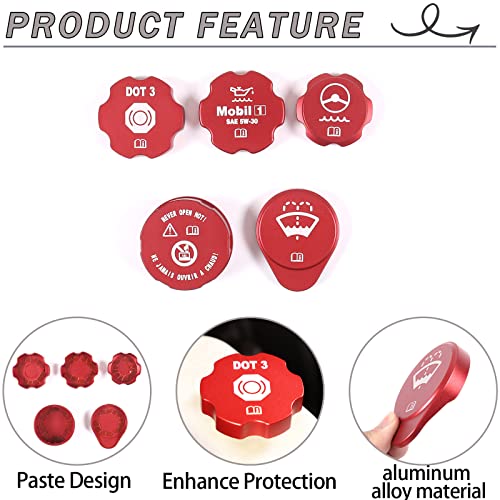 Lcojicep Engine Oil Cap Radiator Cap Washer Cap Brake Fluid Cap Cover Trim Compatible with Chevrolet Corvette C6 2005-2013,luminium Alloy Engine Cap Cover Set，Windshield filler cap 5PCS (red) - Image 3