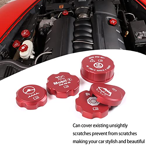 Lcojicep Engine Oil Cap Radiator Cap Washer Cap Brake Fluid Cap Cover Trim Compatible with Chevrolet Corvette C6 2005-2013,luminium Alloy Engine Cap Cover Set，Windshield filler cap 5PCS (red) - Image 2