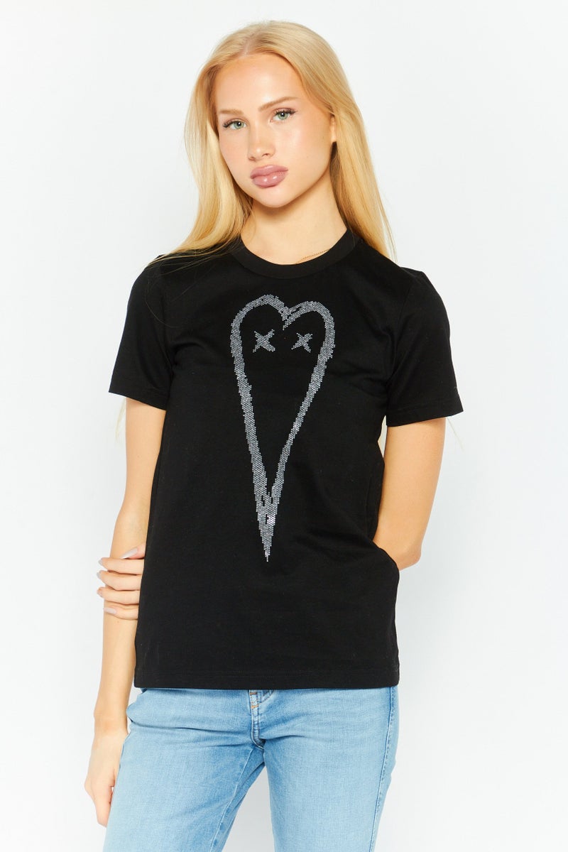 DIESEL Women Crew Neck Short Sleeve Graphic Top, Black  - Image 1