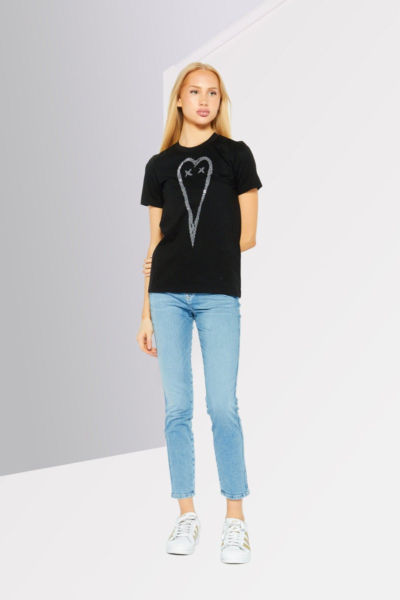 DIESEL Women Crew Neck Short Sleeve Graphic Top, Black  - Image 2
