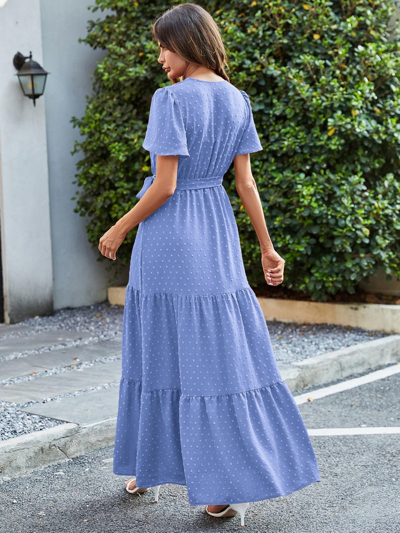 MASCOMODA Women Boho Swiss Dot Maxi Dresses Wrap V Neck Flutter Short Sleeve Solid Tie Waist A Line Tiered Flowy Long Dress(Light Blue,Medium) - Image 5