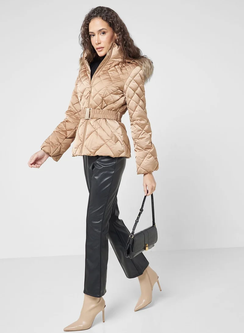 GUESS Belted Fut Detail Jacket