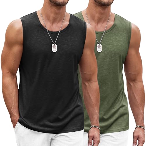 COOFANDY Boxing Shirts for Men Trainning 2 Pack Gym Tank Tops Sleeveless Workout T Shirts, Large BlackArmy Green - Image 1