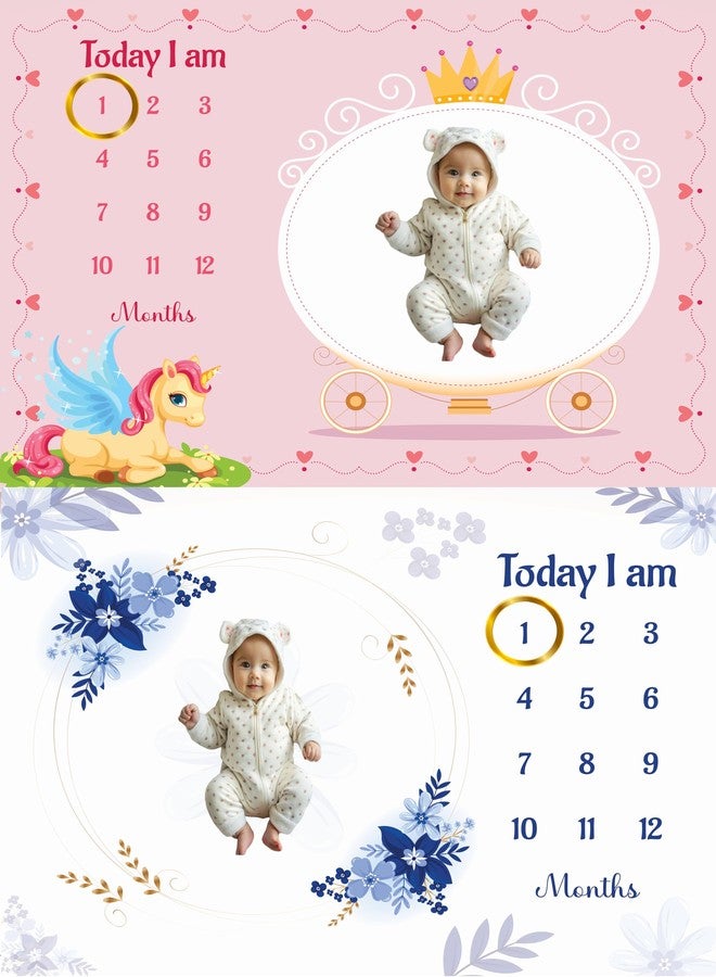 Hoolloomooloo Combo of 2 Baby Monthly Milestone Blankets - Princess Unicorn & Blue Floral Themes - Soft Photo Prop for Baby Growth Tracking - Perfect for Girls' Photo Memories - Image 1
