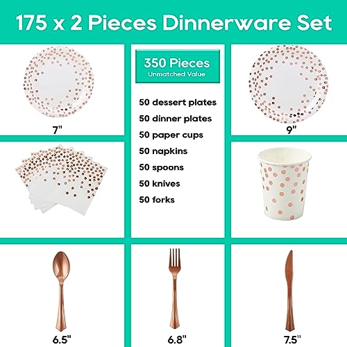 JOLLY PARTY White and Rose Gold Party Supplies 350 PCS Disposable Dinnerware Set White Paper Plates Napkins Cups Gold Plastic Forks Knives Spoon for Graduation Birthday Thanksgiving Cocktail Party - Image 5