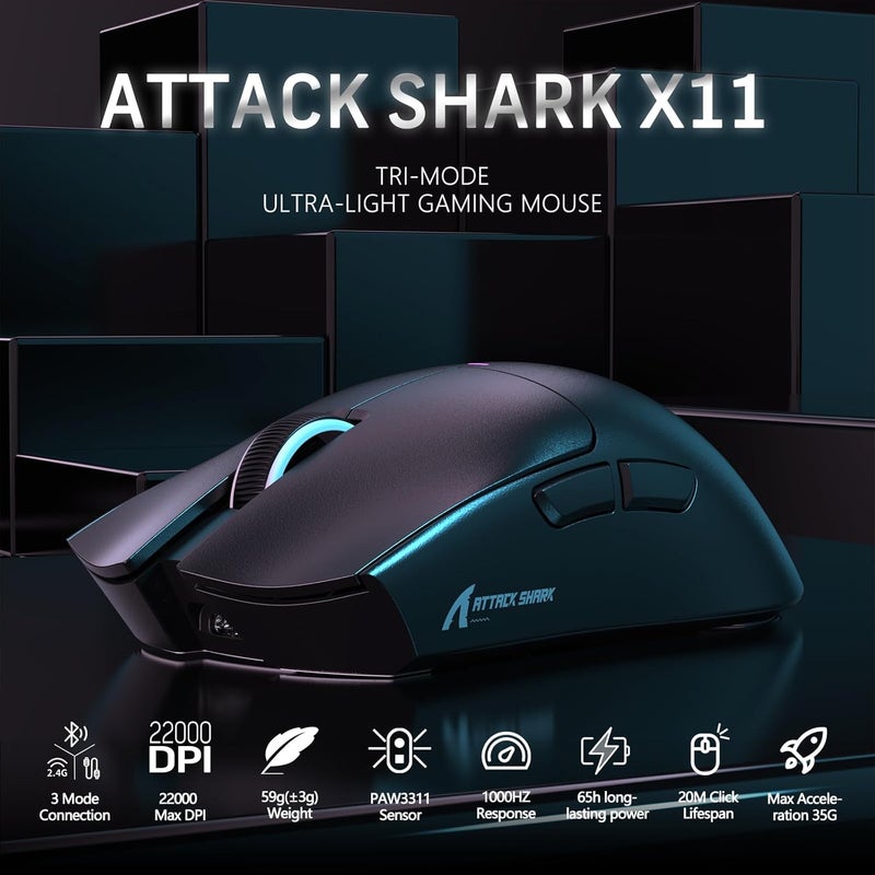 ماجيك-ريفاينر Attack Shark X11 59g ماوس ألعاب لاسلكي فائق الخفة مع قاعدة شحن مغناطيسية RGB، ماوس لاسلكي/سلكي BT/2.4G، 22000 DPI، 5 أزرار قابلة للبرمجة للكمبيوتر/اللابتوب/ماك (أسود) - Image 2