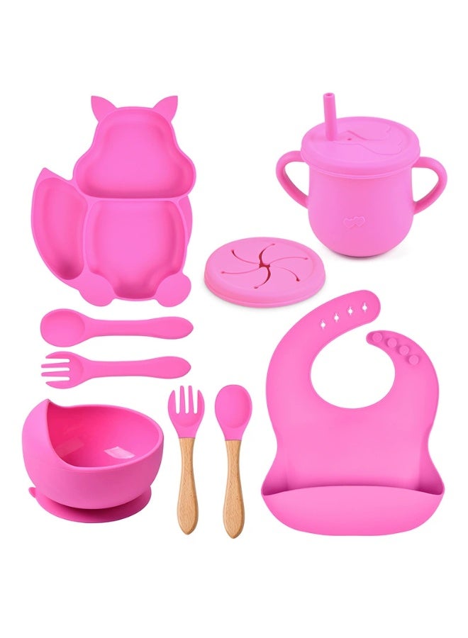 8 Pcs Baby Feeding Set, Food-grade Silicone Baby Tableware Set, Squirrel Baby Cutlery and Plates Set, Non-Slip Infant Dinnerware Set, Baby Self Feeding Utensils