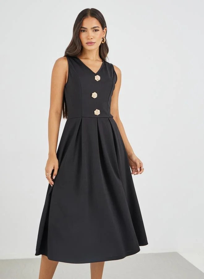 Styli Styli Solid Sleeveless Buttoned A-Line Midi Dress