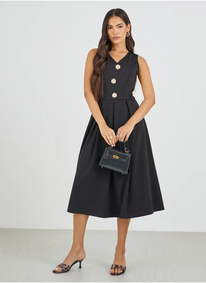 Styli Styli Solid Sleeveless Buttoned A-Line Midi Dress