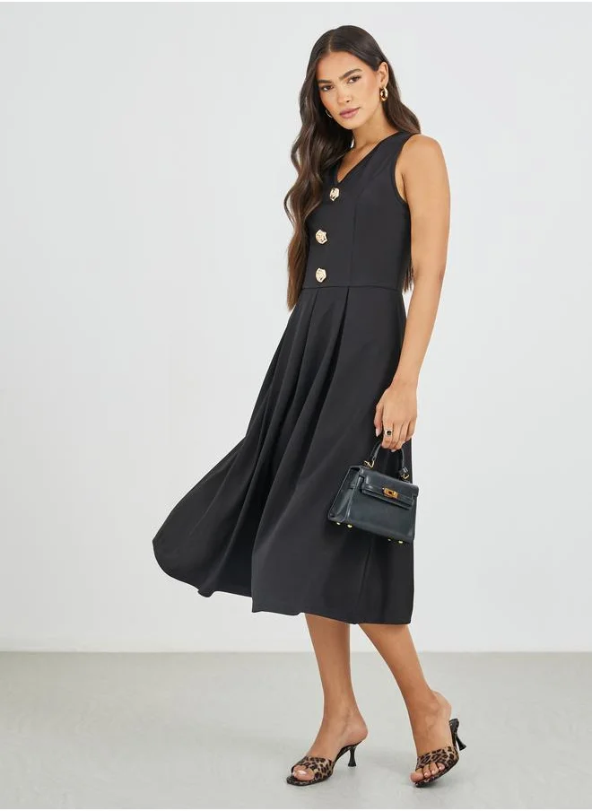 Styli Styli Solid Sleeveless Buttoned A-Line Midi Dress