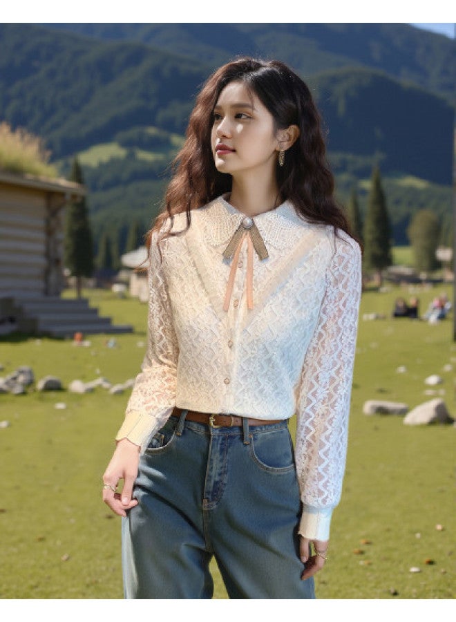 Lace Blouse For Women - Elegant, Youthful Slimming Top (with Detachable Collar Flower, Suitable For Spring/autumn/winter) - Image 1