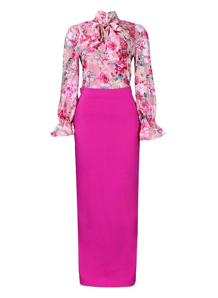 Shougu New Fashion Printed Strap Long Sleeve Shirt Half Skirt Long Skirt Cross border Two piece Set - Image 1