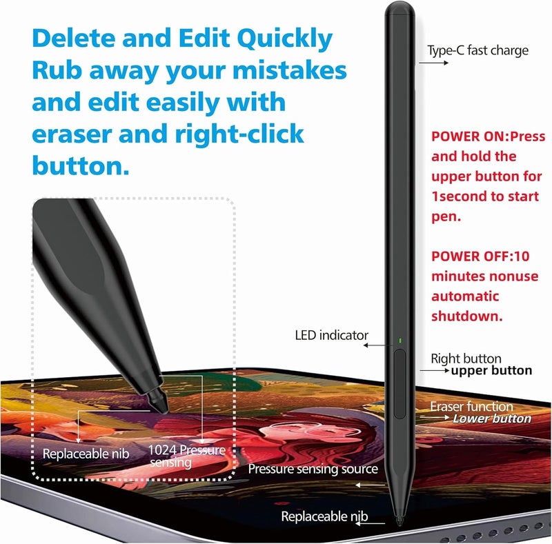 Milikilo Stylus Pen for Microsoft Surface Pro12/11/10/9/8/X/7+/6/5/4, Surface Go 4/3/2/1, Surface Laptop1-5/Studio/Book 3/2/1 with Eraser Side Button,Palm Rejection,Tilt Function,1024 Pressure - Image 5