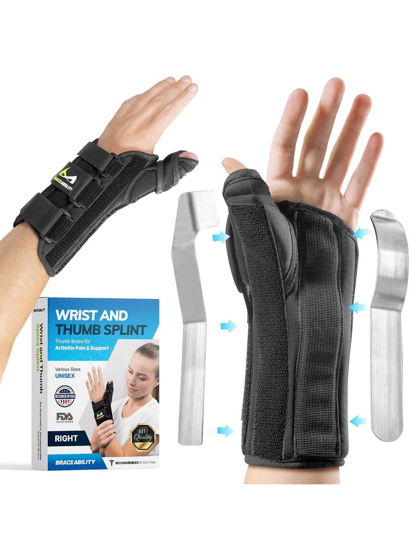BraceAbility Wrist and Thumb Spica Splint - De Quervain's Tenosynovitis Long Forearm Cast Stabilizer for Tendonitis, Sprains, Thumb Brace for Arthritis Pain and Support - (S Right Hand) - Image 1
