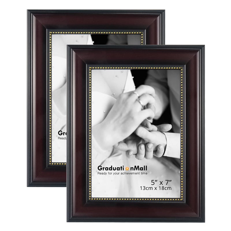GraduationMall 5x7 Picture Frames  Real Glass  Display Photos for Wall or Tabletop  Mahogany with Gold Beads  2-Pack