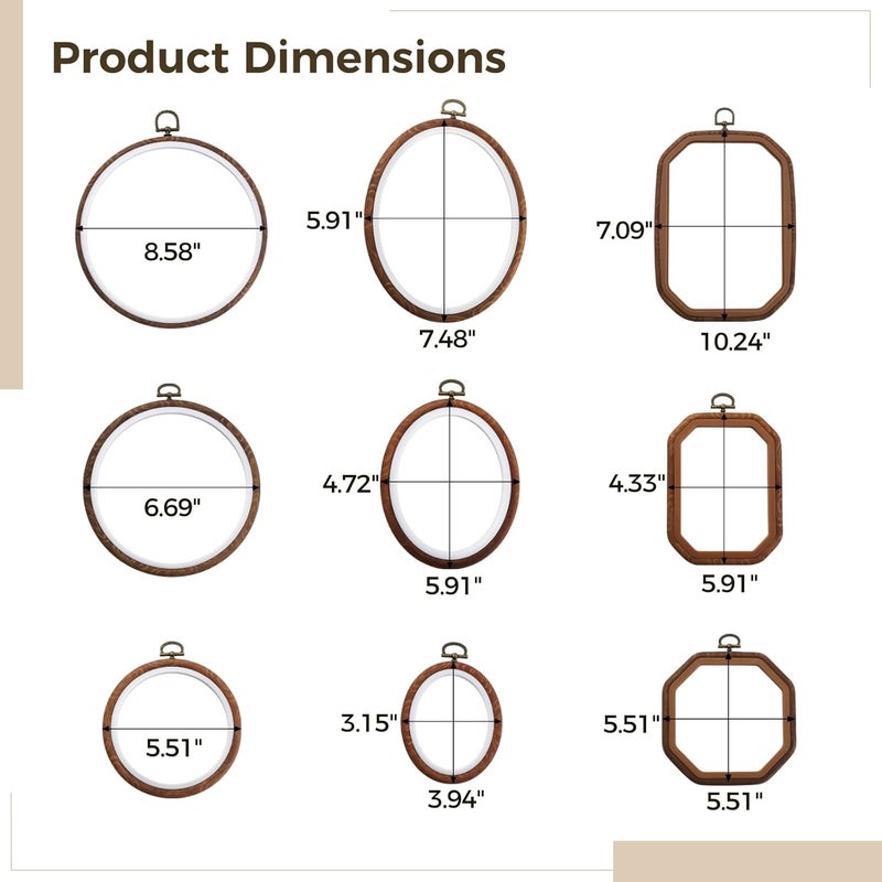 Generic Vintage Cross Stitch Frames, 9-Piece DIY Set, Assorted Shapes, Octagon, Round, Oval, Rectangle, Embroidery Decor - Image 4