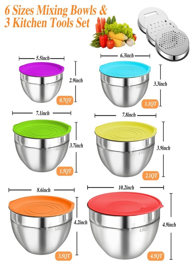Winproper Mixing Bowls with Lids Set, 6 PCS Stainless Steel Mixing Bowls with 3 Grater Attachments, Kitchen Food Organizers Nesting Mixing Bowl, Large Size 4.5, 3.5, 2.1, 1.5, 1.1, 0.7QT-Colorful - Image 5