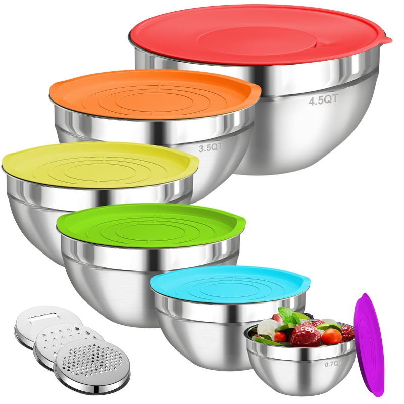 Winproper Mixing Bowls with Lids Set, 6 PCS Stainless Steel Mixing Bowls with 3 Grater Attachments, Kitchen Food Organizers Nesting Mixing Bowl, Large Size 4.5, 3.5, 2.1, 1.5, 1.1, 0.7QT-Colorful - Image 1